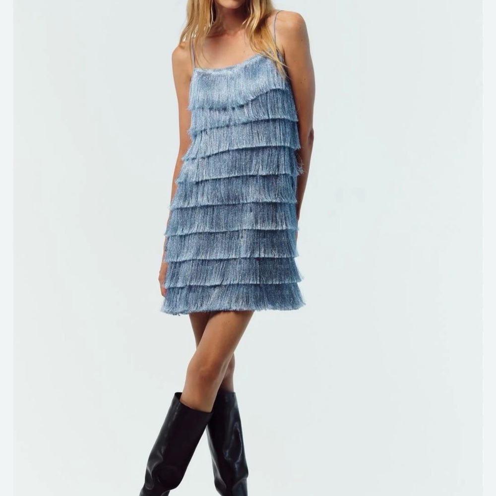 Zara Light Blue Tiered Fringe Mini Dress